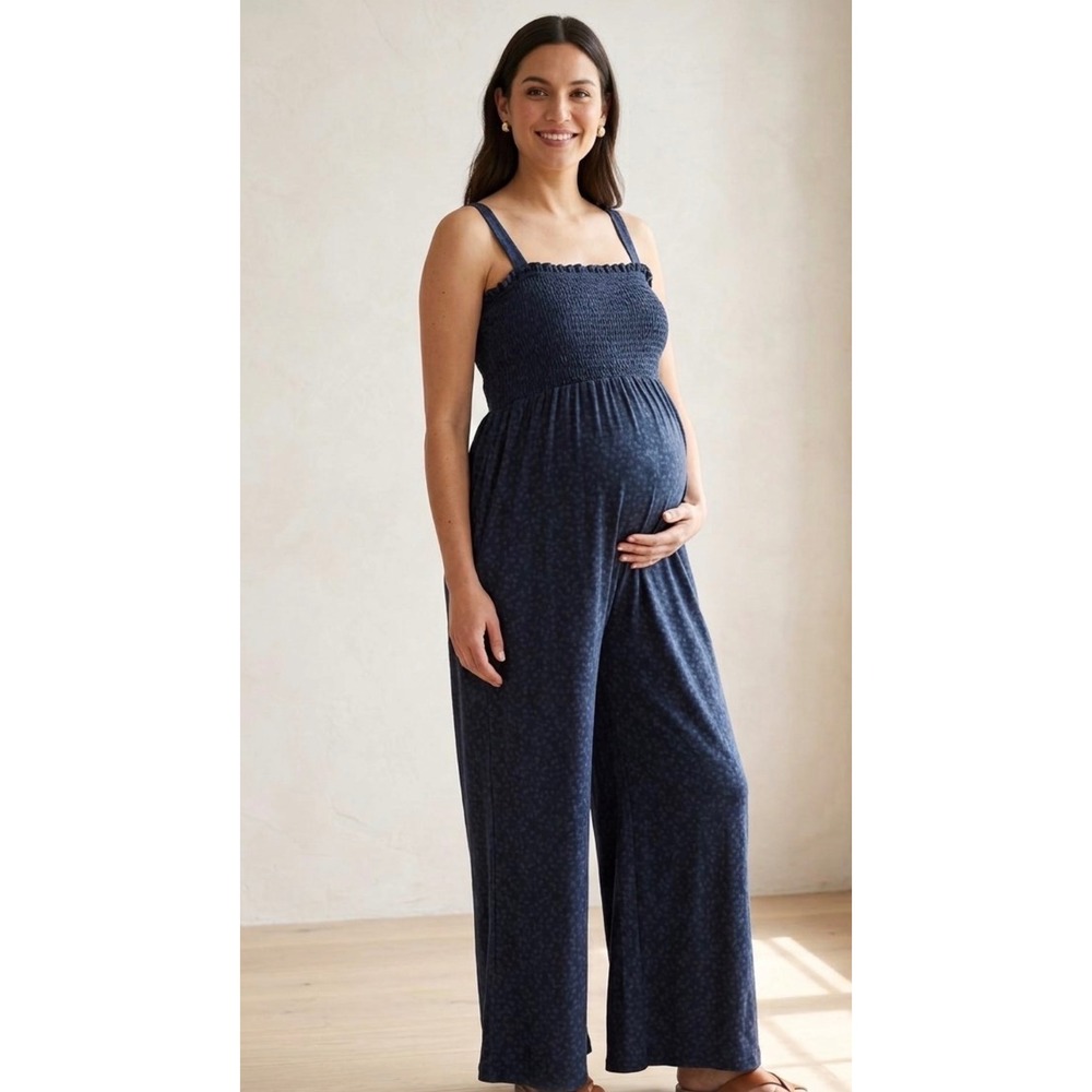 Isabel by Ingrid & Isabel Navy Blue Leopard Smocked Maternity Jumpsuit XL